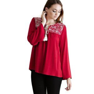 Entro Embroidered Tassel Tie Top, Red